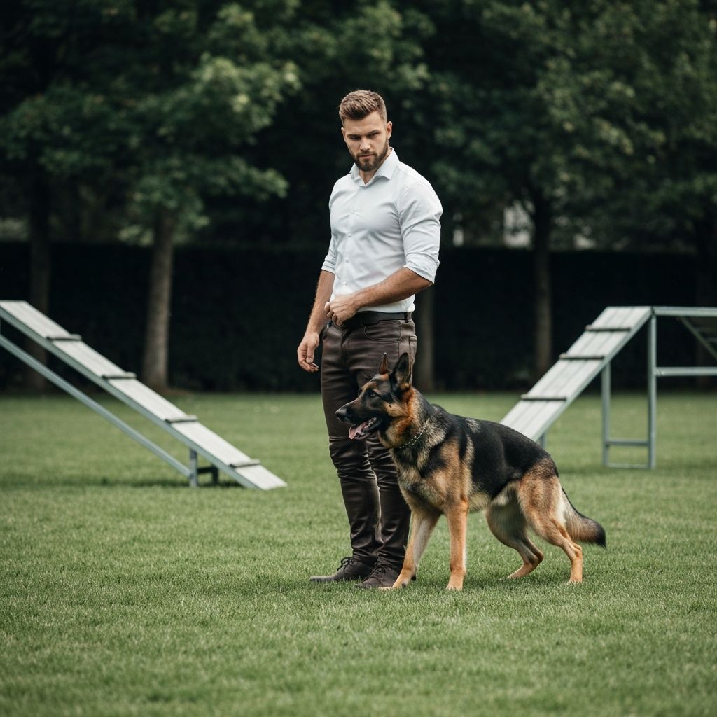 Professional dog trainer working with obedient dog